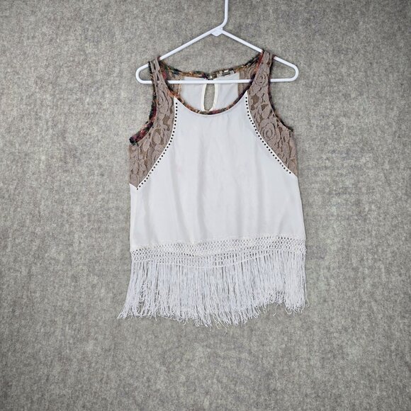 Ginnicks White Boho Fringe Lace Detail Tank Top Small Polyester Blend - Picture 1 of 7